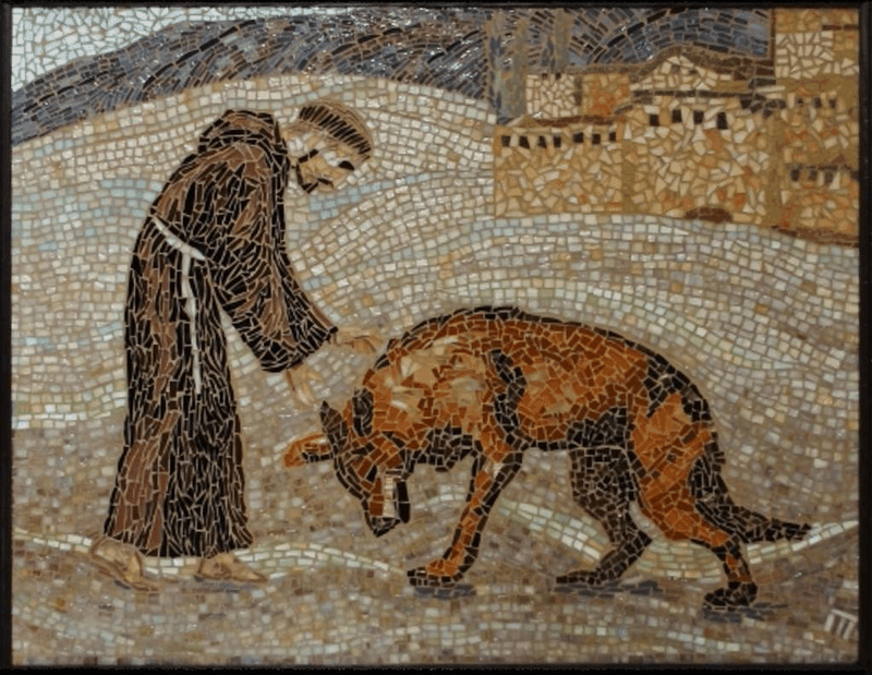 Mosaic of Saint Francis of Assisi and the wolf of Gubbio.